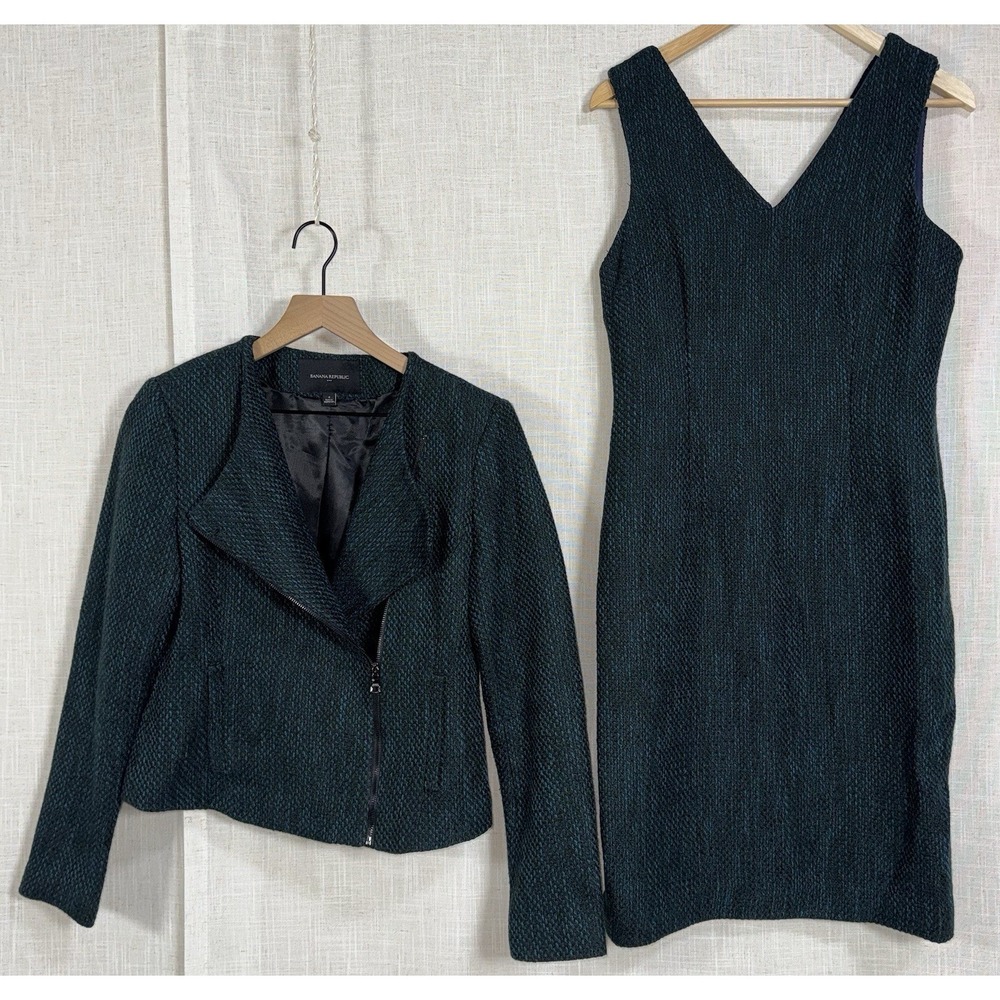 Banana Republic Women's 4 Tweed Suit Set Dress Moto Blazer Boucle Blue Green‎